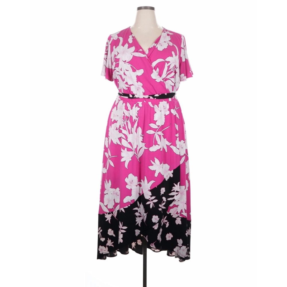 Lane Bryant Womens‎ Pink Black Floral High-Low Faux Wrap Dress Size 18/20 Garden